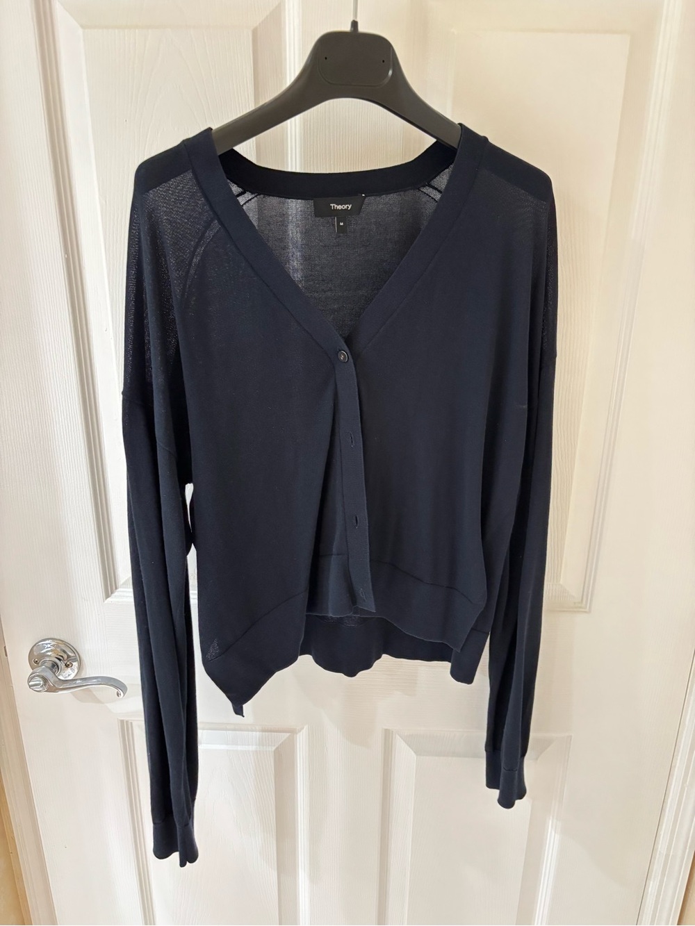 Theory Dark Navy Sheer V-Neck Button Cardigan